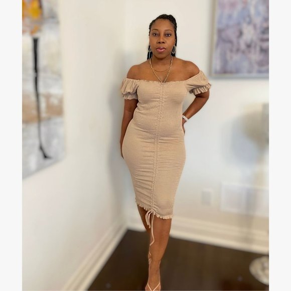 (NWT) Smocked Ruched Dress (Midi or Mini) - Khaki - Picture 6 of 6